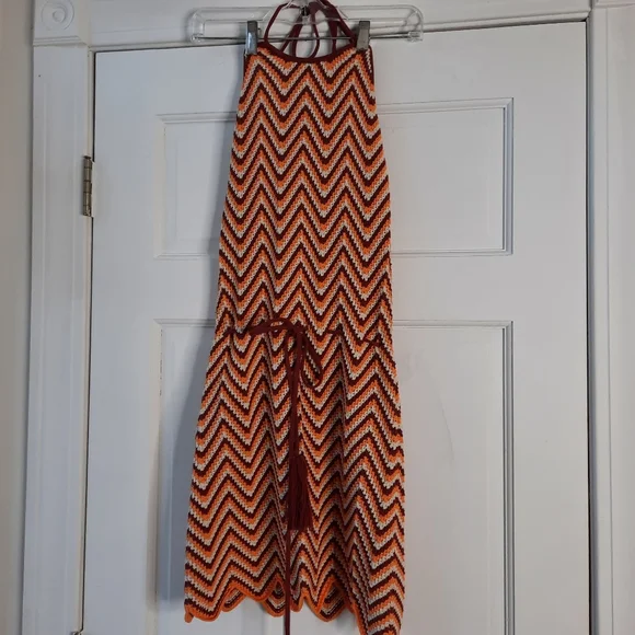 RONNY KOBO Tasseled crochet-knit halterneck mini dress NWT